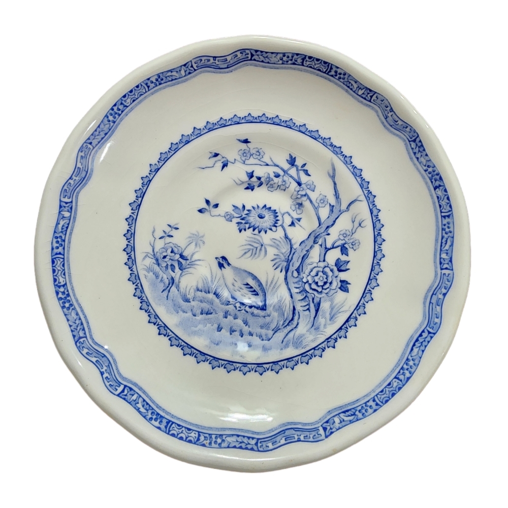 Antique Furnivals 1913 Quail Blue & White Small 4.75” Porcelain Saucer England